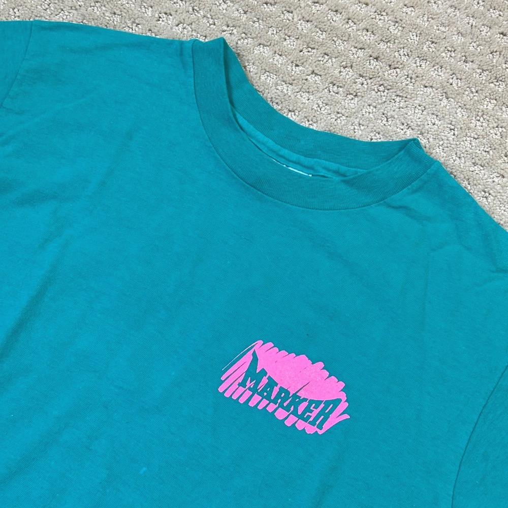 VTG Marker T-Shirt Medium 2-Side Graphic Ski Teal Single Stitch Hanes USA 90s - Picture 4 of 7